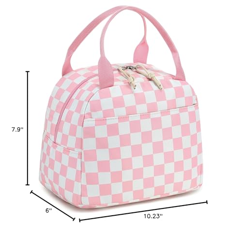 LEDAOU Kids Lunch Bag for Girls, Insulated School Lunch Box, Lightweight | Insulated interior, lightweight design, front pocket, smooth dual zippers, ideal for school and travel - color: Pink White Checkered