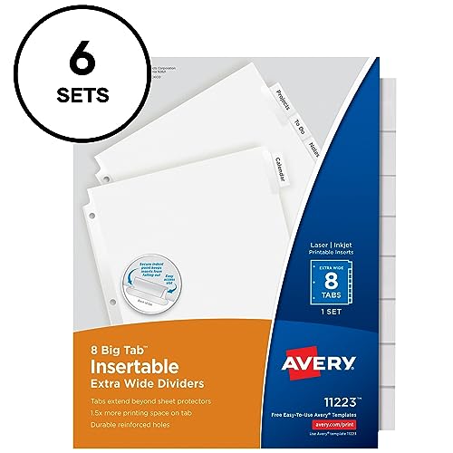 Avery Big Tab Extra-Wide Insertable Clear Tab Dividers for 3 Ring Binders, 8-Tab Set, White, 6 Sets (11254) - color: White, size: 8 tab, style: 6 Sets