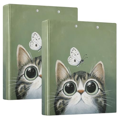 Fustylead Lovel Cat and Butterfly Sage Green 3 Ring Binder, D-Rings 1.5" Hardcover Folder, Fits 200 Sheets of A4 Paper, Durable Clipboard & Clean View with Inside Pockets for School Home Office - size: 12.4x10.63x2.36 Inch-1 Pack