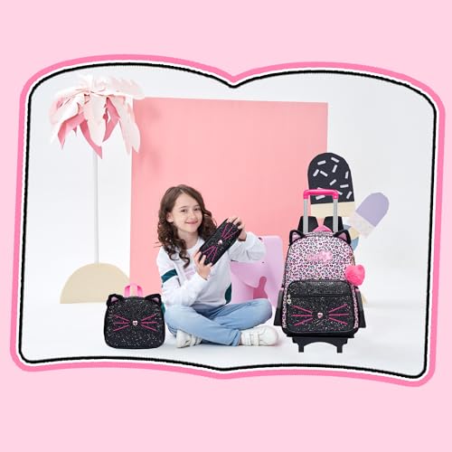 Meetbelify Girls Cute Backpack with Wheels for Elementary Students Kids Black Travel Luggage - color: Black Leopard Cat