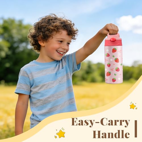 12oz Strawberry Kids Water Bottle, Bows Water Bottle for School, Pink Kids Insulated Bottles with Straw & Handle, Leak-Proof, BPA-free, Straw Lid, Stainless Steel for Travel Gift Cup for Girls(1pc) - color: Strawberry bow
