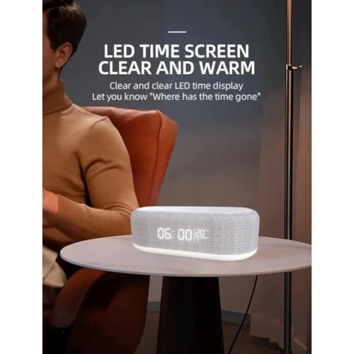 15W Desktop Multifunction Charging Station Wireless Phone Charger with LED Night Lamp Digital Time Clock and Room Temperature Thermometer for Android and iPhone Smart Devices (White)