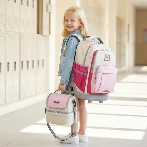 18 Inch Rolling Backpack for Girls, 3-Wheel Stair Climbing Kids Roller Backpack Set with Lunch Bag & Rain Cover, Travel Backpack for Kids, Back to School Essentials for Girls 8-12, Pink