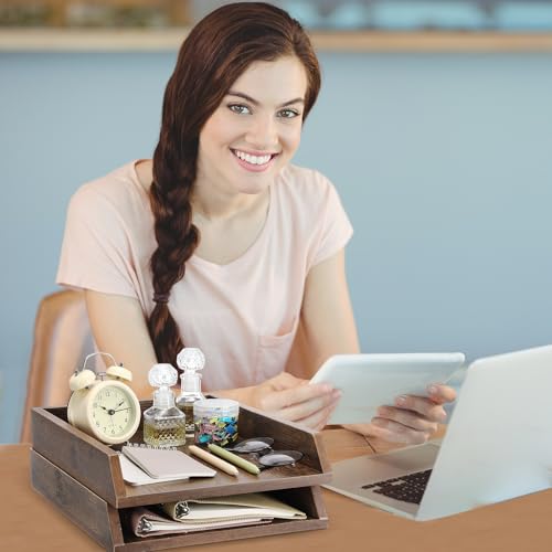 DoubleFill 2 Pcs Wooden Letter Trays 2 Tier Desktop Paper Organizer Wood Letter-Size Desk Document Tray Heavy Duty Stackable Paper Drawer Holder File Folder Back to School Office Home (Dark Wood) - color: Dark Wood