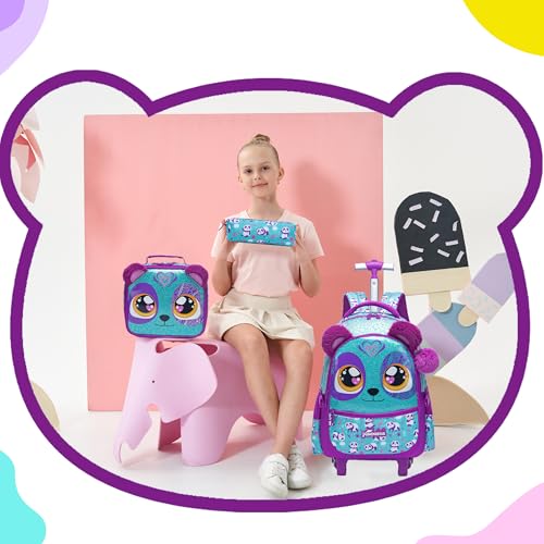 Cute Rolling Backpack for Girls Backpacks with Wheels for Elementary Students Kids 3 in 1 Travel Luggage Carry on Suitcase with Lunch Box for Girls Age 8-10 - color: Blue Purple