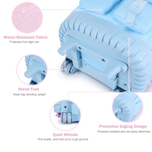Bevalsa Rolling Backpack for Girls, Roller Backpack with Wheels, Cute Bow Wheeled School Bookbag Set with Lunch Bag & Pen Case, Suitcases for Kids Teens Elementary Middle Student (Pink Blue) - color: Pink Blue