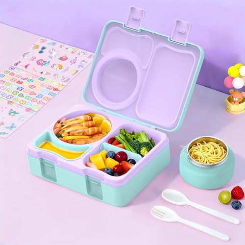 Bento Box for Kids, Leakproof Kids Bento Lunch Box Container with 8oz Insulated Thermo Food Jar, Sauce Jar, Utensil, DIY Stickers for School Boys Girls, 3-4 Compartments, BPA-Free - color: Lake Blue