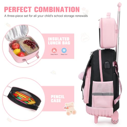 Bevalsa Rolling Backpack for Girls, 3PCS Roller School Backpack Set | with Lunch Box & Pencil Case, Kids Bookbag with Wheels for Teen Girls Elementary Middle High School Students - color: Pink Strawberry