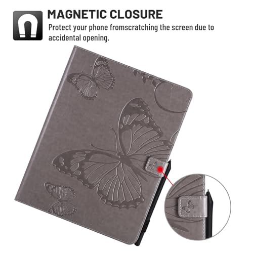 Dteck Wallet Case for iPad Air 13 Inch M2 2024 & iPad Pro 12.9 2022/2021/2020/2018 with Pencil Holder,Embossed Butterfly Auto Sleep/Wake PU Leather Smart Stand Girls Cute Folio Pocket Cover,Gray - color: 10 Gray