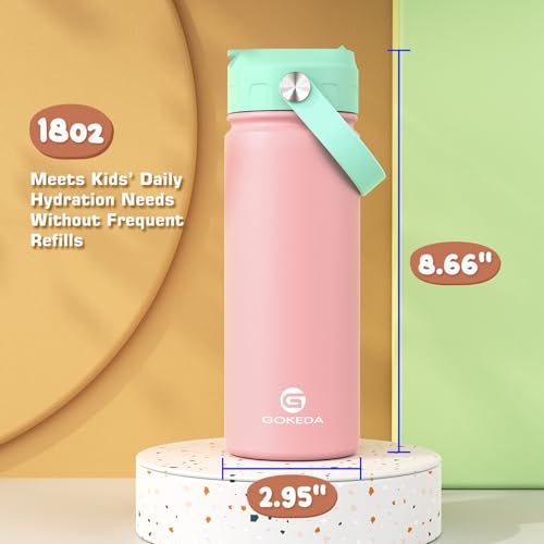 GoKEDA 18oz Kids Water Bottle, Stainless Steel Straw Cup - color: Pink