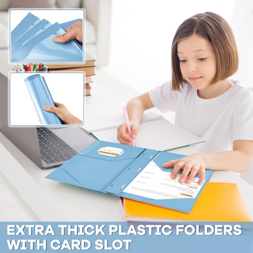 Henoyso 48 Pcs Plastic Folder with Clear Front Pocket and 3 Prongs Heavy Duty Plastic Folders with Card Slot Pocket Folders with Prongs for School Office Home(Blue Haze) - color: Blue Haze