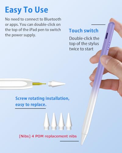 Stylus Pen for iPad (2018-2026) - Fast Charge for iPad Pencil Palm Rejection Active Pen Compatible withApple iPad 6/7/8/9/10/11(A16), Pro 11"/12.9"/M4, Mini 5/6, Air 3/4/5/M2/M3 (Gradient Purple) - color: A19D-Gradient Purple
