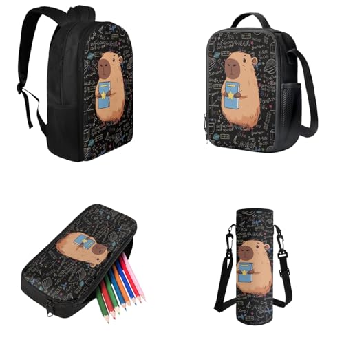 Capybara Backpacks for Boys with Lunch Box Pencil Case and Water Bottle Holder 4 PCS Set, 3rd Grade Boys Backpack Bookbag Accessories Sets for Kids Back to School Multifunctional Use - color: Cool Capybara