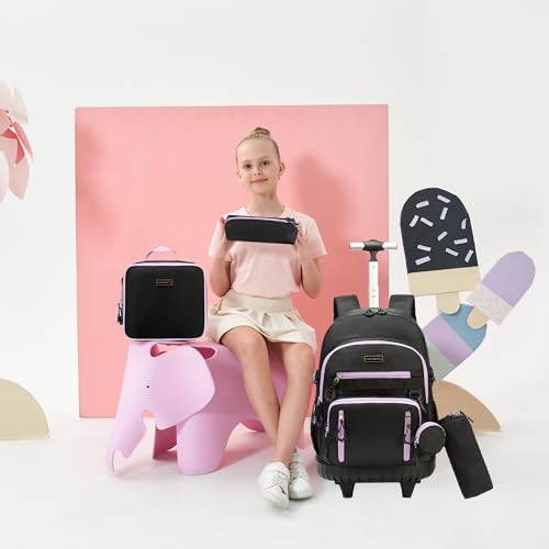 Backpack with Wheels for Girls Rolling Backpack for Kids 8-12 Roller Backpacks for Girls 10-12 School with Lunch Bag Pencil Case - color: Solid New Black Purple