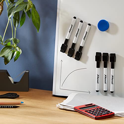Nobo Mini Whiteboard Pens With Magnetic Eraser Cap, 2mm Fine Tip, Pack Of 6, Dry Wipe/Erase, Low Odour, Black, 2104184
