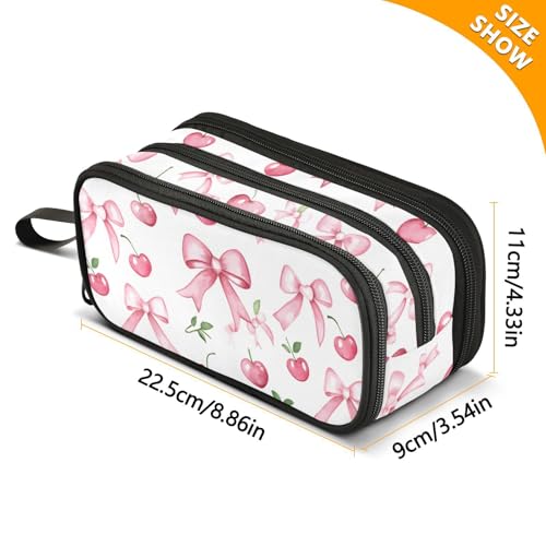 ALAZA Pink Bow Cherry Leaf Pattern Large Pencil Case, Pen Pouch Pencil Bag with 3 Compartments Pen Holder Organizer Stationery Bag - color: Bow Cherry