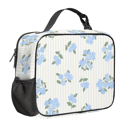 WOBAGMEN Large Lunch Box, Insulated Reusable Lunch Bag with Water Bottle Holder Portable Waterproof Leakproof Lunch Tote Bag Cute Lunch Box(Hydrangea Stripe) - color: Hydrangea Stripe