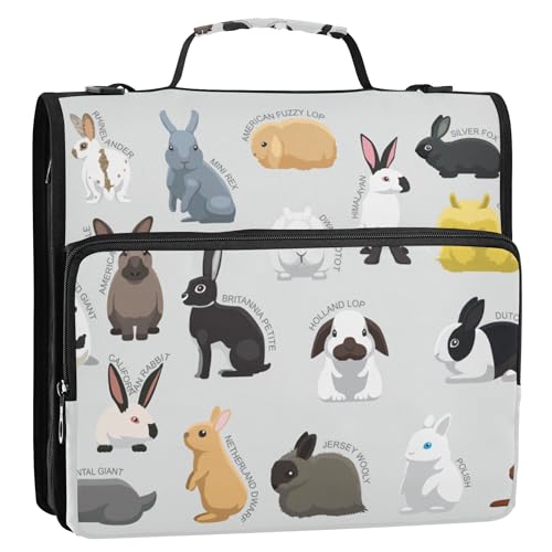 Fisyme Rabbit Bunny Zipper Binder 3 Ring with Zipper and Shoulder Strap Large Capacity Multi-Pocket Binder Organizer - color: Multi-grey