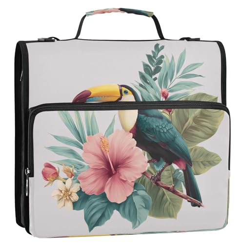 3 Ring Zipper Binder Toucan Bird Tropical Leaves Binders Bag with Shoulder Strap 500 Sheets Paper Organizer Trapper Keeper Documents Storage File Folder for School Office - color: A2392