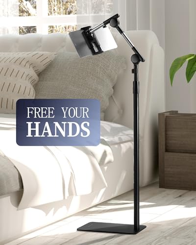 SHUWEI Tablet Floor Stand with Double Self-Locking Gears, 63”Height Adjustable iPad Floor Stand with 7.5lb Stable Base, Fits with 4.7-15.6'' iPad, Phone, Monitor (White) - color: White
