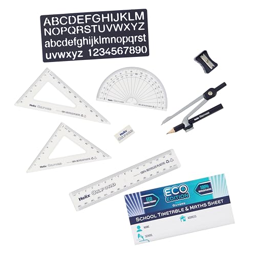 Helix Oxford Cyber Eco Maths Set - 9 Piece Set - Maths Equipment for School, College or Work - Iconic Oxford Maths Set in Light Blue Design