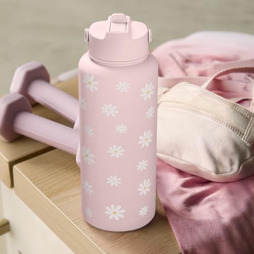 SANDJEST Daisy Water Bottle Stainless Steel 32oz Insulated with Lid, Flower Water Bottles Gifts for Women Girls Friends Teens Birthday Christmas - color: Daisy