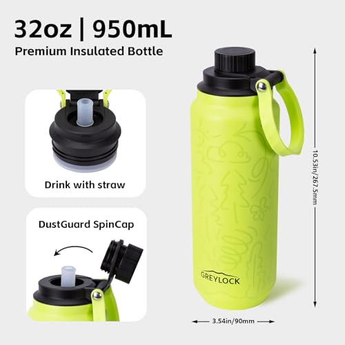 GREYLOCK 32 oz Insulated Water Bottle with Straw Lid, Leakproof Reusable Stainless Steel Vacuum Flask, 24hr Cold & Hot, Carry Handle & Silicone Spout, BPA-Free for Gym, Hiking, Travel,Green - color: Lemon Grove, size: 32 Ounces