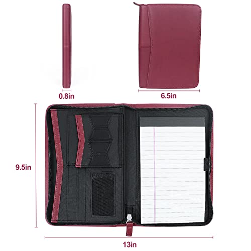 Mini Leather Zippered Padfolio Portfolio Binder 5 x 8 Legal Writing Pad, Professional Business Portfolio for Men & Women, Card Holder, Notepad Clipboard Holder, Red - size: Red-9.5x6.5x1 inch