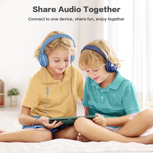 SIMOLIO Stereo Wired Headphones Teens Adult Kid Youth w/Mic & Volume Control & Volume Limited & Share Port & 3.5mm Jack, Safe Volume Durable Foldable Headset for Online School Gaming PC Laptop Travel