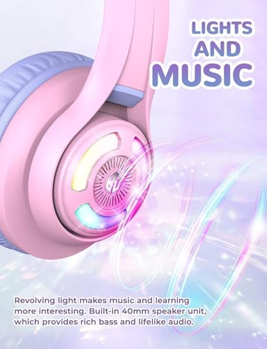 iClever BTH13 여아용 아동용 블루투스 헤드폰, LED 고양이 귀 여행 선물 | SafeSound Tech, 50시간 재생, USB C 충전, AUX 케이블, 스테레오 사운드, 태블릿용 마이크가 있는 아동용 헤드폰 무선, 퍼플 - color: 라이트 퍼플