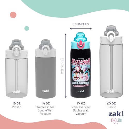 Zak Designs KPop Demon Hunters Sage 19oz Leak-Proof Straw Kids Water Bottle | BPA Free, Insulated Stainless Steel, Cupholder Friendly, Dishwasher Safe, Lid Lock, Handle, For School, Home, Travel - color: KPop Demon Hunters (Saja Boys Soda Pop Tour)