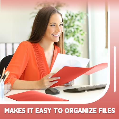 Gueevin 100 Pack Plastic Folder with Pockets, 2 Pocket Folders, Plastic Glossy Folders Fit Letter Size Paper, Heavy Duty Durable File Folder with Business Card for Home Office School (Red) - color: Red