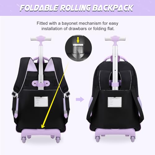DIGOBAY Rolling Backpack for Girls, Cute Roller School Bag with Wheels, Kids Wheeled Backpacks Set with Lunch Bag Pencil Case for Teen Girls Kindergarten Elementary Middle School - color: Black-purple