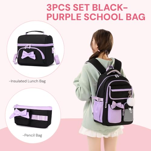 Girls School Backpack with Lunch Box Pencil Case Set, Cute Middle School Bag Teen Girls Backpack Bookbag for Kids, 3pcs Black Purple - color: 3pcs Black-purple