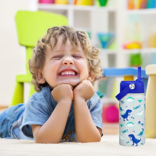 SANDJEST Kid Water Bottle 12oz with Straw Lid - 2-Pack Insulated Stainless Steel Water Bottles for Kids Girls - Travel Cup for School Sports, Construction & Dinosaur - color: Dinosaur + Construction (2 Pack)