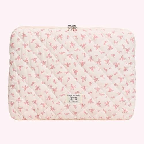 14 inch Maple Leaf Soft Pad Tablet Bag Embroidery Puffy Protective Case Shockproof Cute Quilted Laptop Sleeve Commute Work Study Bag - color: Pink Leaf