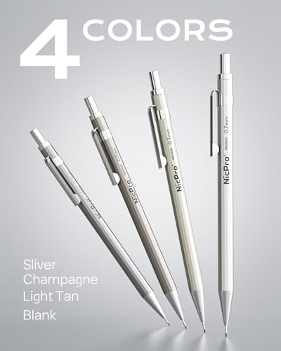 Nicpro 4 Pack Mechanical Pencil 0.7mm, MB1000 Metal Mechanical Pencil Set | 6 Tube HB #2 Lead Refill 0.7 mm, 3PCS 4B Eraser, 9 Cap Eraser, Storage Case for Artist Drafting Writing, Sketching, Drawing - style: 4 Pack (0.7mm)
