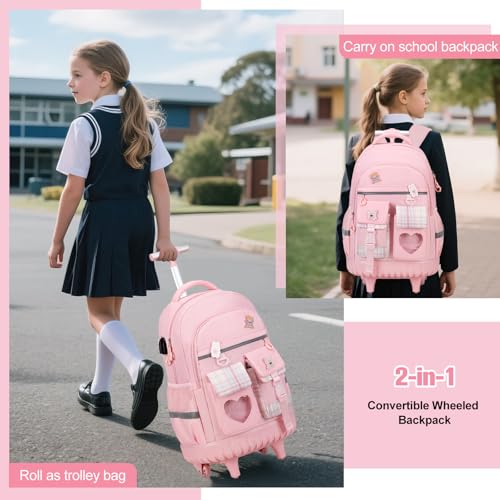 ACESAK Rolling Backpack for Girls - Roller Wheels School Bookbag with Lunch Bag & Pencil Pouch for Teen Girls Kids Wheeled Suitcase Backpacks, Elementary Middle School Travel Daypack (Pink) - color: Pink