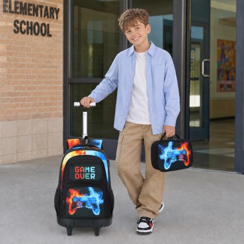 Scothen 3PCS Rolling Backpack for Boys, Cool Gamer Roller Backpack with Wheels, Kids Boy Wheeled Backpacks with Lunch Bag Pencil Case for Teens Bookbag Kindergarten Elementary Middle School - color: Red Blue Flame