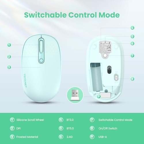 TECKNET Wireless Mouse,Bluetooth Mouse (BT5.3/5.0 & 2.4G) with USB Receiver Silent Optical Computer Mice,Wide Compatibility - color: Green