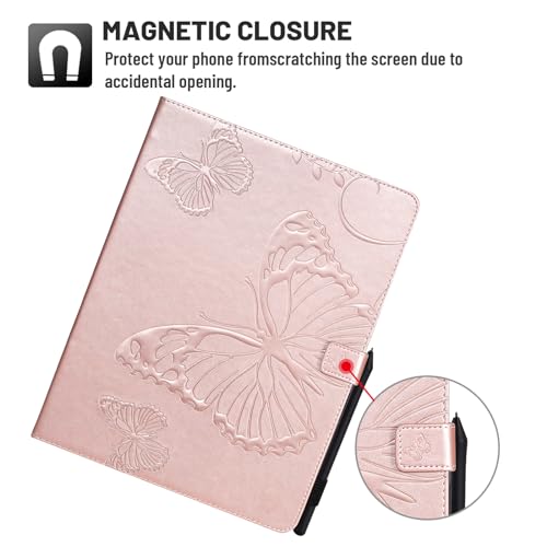 Dteck Wallet Case for iPad Air 13 Inch M2 2024 & iPad Pro 12.9 2022/2021/2020/2018 with Pencil Holder,Embossed Butterfly Auto Sleep/Wake PU Leather Smart Stand Girls Cute Folio Pocket Cover,Rosegold - color: 10 Rosegold