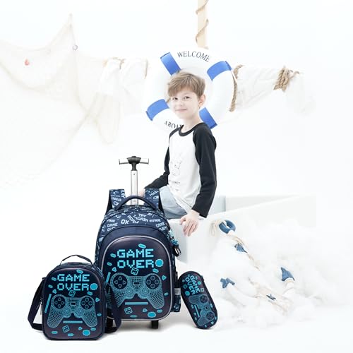 Meetbelify Boys Rolling Backpack with Wheels Kids Luggage for Elementary Students Trolley Trip Carry On Bag for Girls Boys 6-8 - color: Boy Game