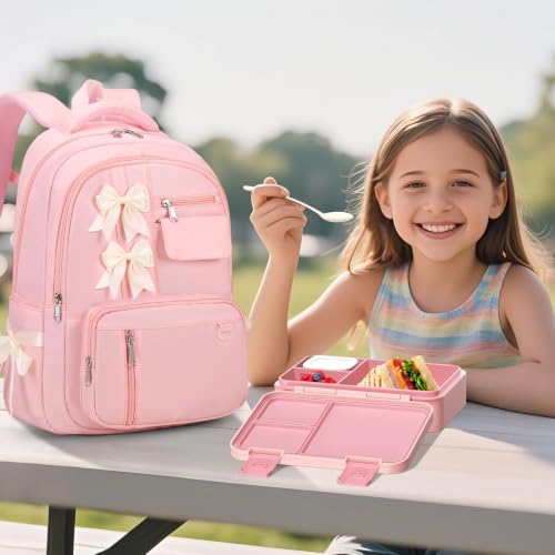 Bevalsa Backpack for Girls, Bow Kids Backpack with Bento Lunch Box, Insulated Bag & Utensils, 34oz Lunch Containers, Cute School Bookbag for Girls Children Teens for Elementary Middle Student (Pink) - color: Pink