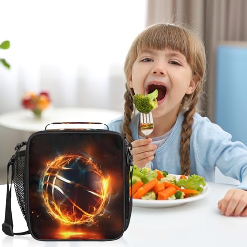 Flame Basketball Boys Lunch Box for School Insulated Kids Lunch Box Reusable Leakproof Lunch Bag Thermal Cooler Tote Picnic Lunchbox with Adjustable Shoulder Strap Back to School Gifts for Teens Boys - color: Flame Basketball