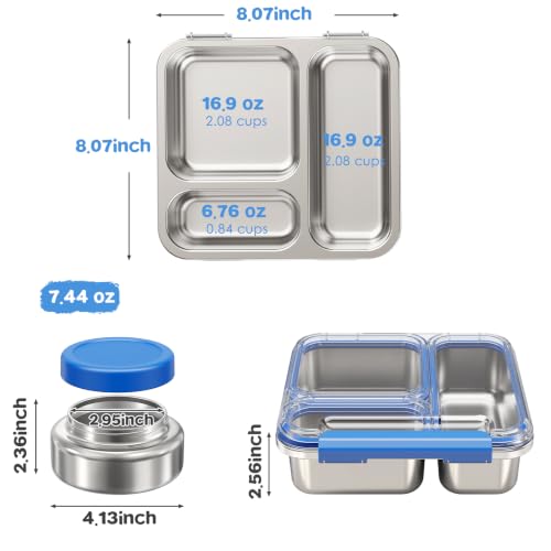 Pawtong Stainless Steel Bento Box Kids Adult with 7oz Insulated Food Jar, Transparent Lid Metal Lunch Box With Soup Thermal Jar, Lunch Box Container with Removable Divider & Sauce Cup School (Blue) - color: Blue
