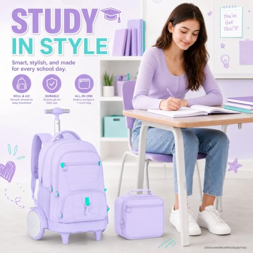 CCJPX 3Pcs Women & Girls Rolling Backpack with Bigger Wheels, Extra-Large Wheeled Bookbag with Lunch Box, Water Resistant Extra-Large Roller Luggage for Travel, Work, College (Purple) - color: Purple(upgrade Large Wheel)