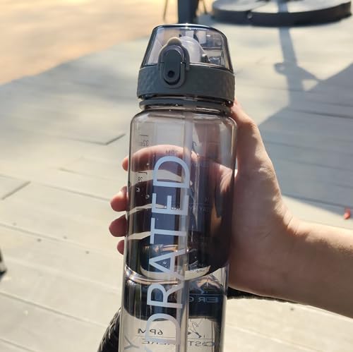 GOPPUS 32 oz Clear Water Bottle with Straw, BPA Free Tritan Water Bottle, Leakproof Clear Motivational Water Bottle, Wide Mouth Sports Water Bottle for Gym, Hiking, School, Office - color: C-Grey