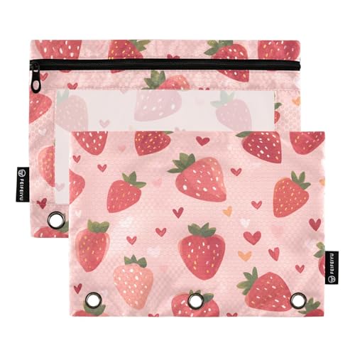 Strawberry Heart Pencil Pouch for 3 Ring Binder 2 Pack Zipper Binder Pencil Bag with Clear Window Pencil Case for Office Supplies - color: Multi33