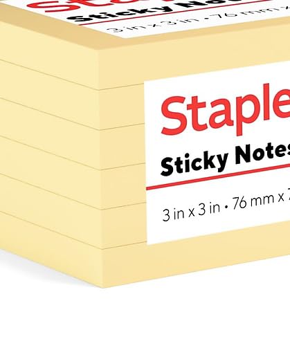 Staples Sticky Notes, 3" x 3", Yellow, Recycled Paper, 1800 Sheets – Eco‑Friendly Self‑Stick Notes for Home, School & Office - size: 3'' x 3'', style: 18 Pack