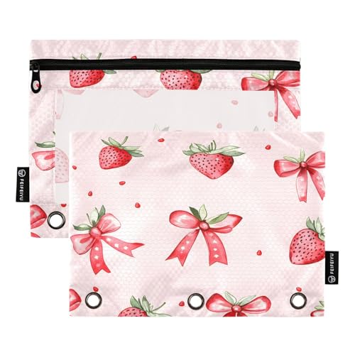 2 Pack Pencil Pouches for 3 Ring Binder, Pink Strawberries Bows Pattern Zipper Pouch, Pencil Case for Binder, Clear Top Pen Bag with Grommets for Office School College